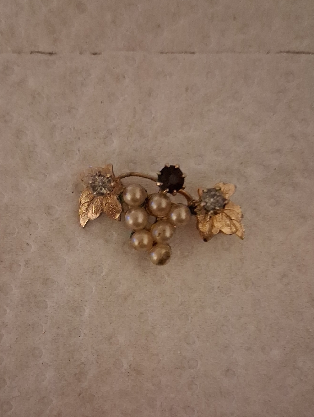 Gold-Tone Pearl Cluster Brooch with Leaf Accents and Clear Stones